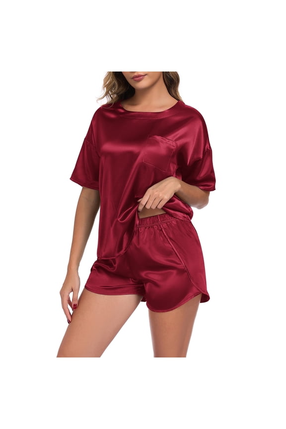 Silk Pajama for Women Short Sleeve Back Neck Button Closure T Shirt and Shorts Satin Pj Set,Wine Red, M