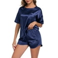 thumbnail image 1 of BEOEOSY Silk Pajama for Women Short Sleeve Satin Pj Set Two Piece Soft Sleepwear Loungewear,Navy Blue, M, 1 of 8