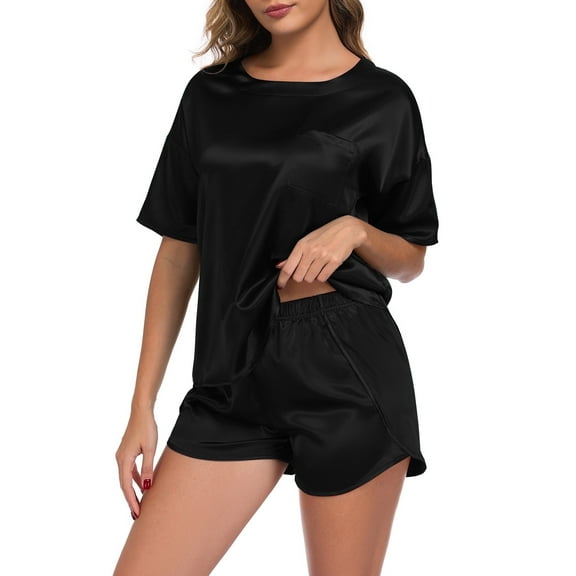BEOEOSY Silk Satin Pajama Set for Women 2 Piece Lounge Set Short Sleeve Tops and Shorts Soft Sleepwear