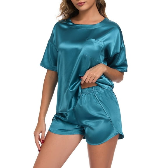 BEOEOSY Silk Satin Pajama Set for Women Short Sleeve Two Piece Pjs Sleepwear Soft Loungewear Nightwear,Peacock Blue, M