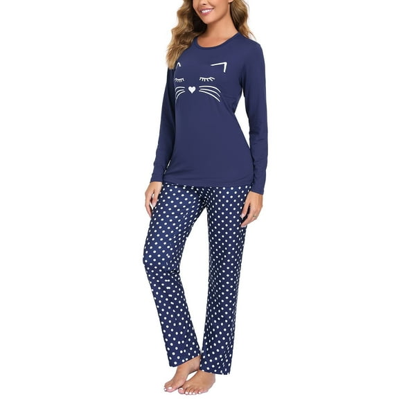 BEOEOSY Women's Long Sleeve Cat Print Top and Polka Dot Pants Sleepwear Pajama Set Navy Blue Small