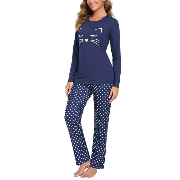 BEOEOSY Women's Soft Long Sleeve Pajamas Set Cute Printed Pjs Lounge Sets with Pocket Black Small
