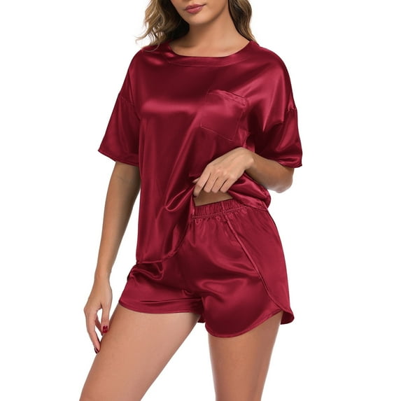 BEOEOSY Womens Satin Silky Pajama Set Short Sleeve High-low Hem Shirt with Short Pajama Pant Set,Wine Red, XL