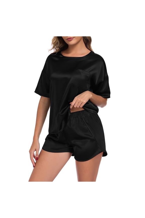 Womens Satin Silky Pajama Sets Short Sleeve Shirt Pajamas Set Soft PJ Loungewear Sleepwear, Black, L