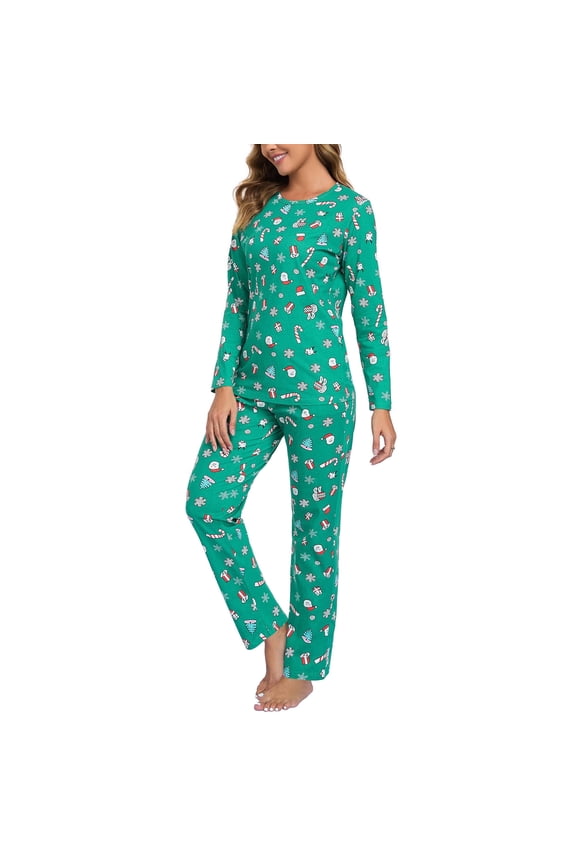 Womens Soft Christmas Pajamas Set Long Sleeve Christmas Pjs Set Soft Sleepwear Set Green & Snowman Large