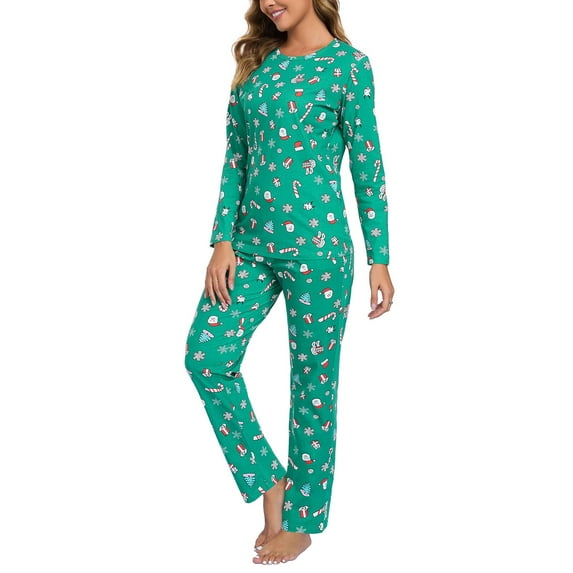 BEOEOSY Womens Soft Christmas Pajamas Set Long Sleeve Christmas Pjs Set Soft Sleepwear Set Green & Snowman X-Large