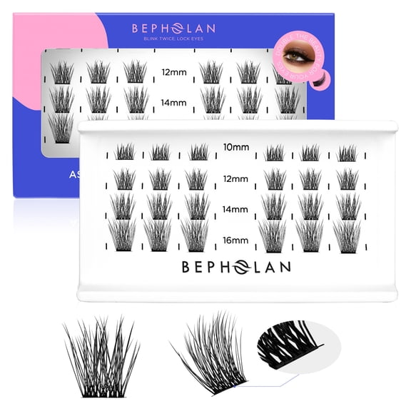 BEPHOLAN 24 Clusters C curl Lashes Pack 10/12/14/16mm Mix Length, Eyelash Clusters With Super Thin Band, DIY Eyelash Extensions, 707 Black Band