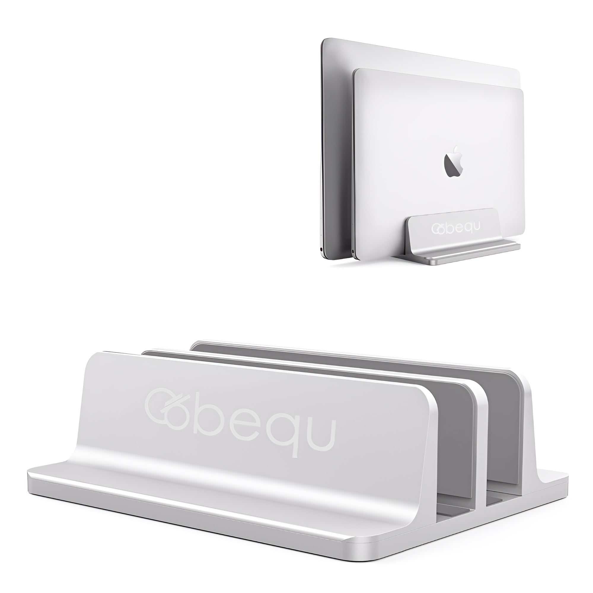 BEQU 2 Slots Vertical Laptop Stand/Holder (Silver), Heavy Duty Aluminum, Anti-Slip Silicone Pad, Adjustable, Fits All IPADs/Tablets/Laptops (MacBook/Windows/Linux/Chromebook upto 17.3 inches)