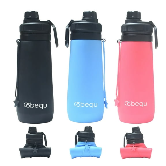 BEQU 3Pack 750ml/25 Fl Oz Foldable Silicone Water Bottle, Reusable, BPA Free, Dishwasher-Safe, Sports bottle for Travel Gym Camping Hiking, Portable, Leak Proof (3PK MC1)