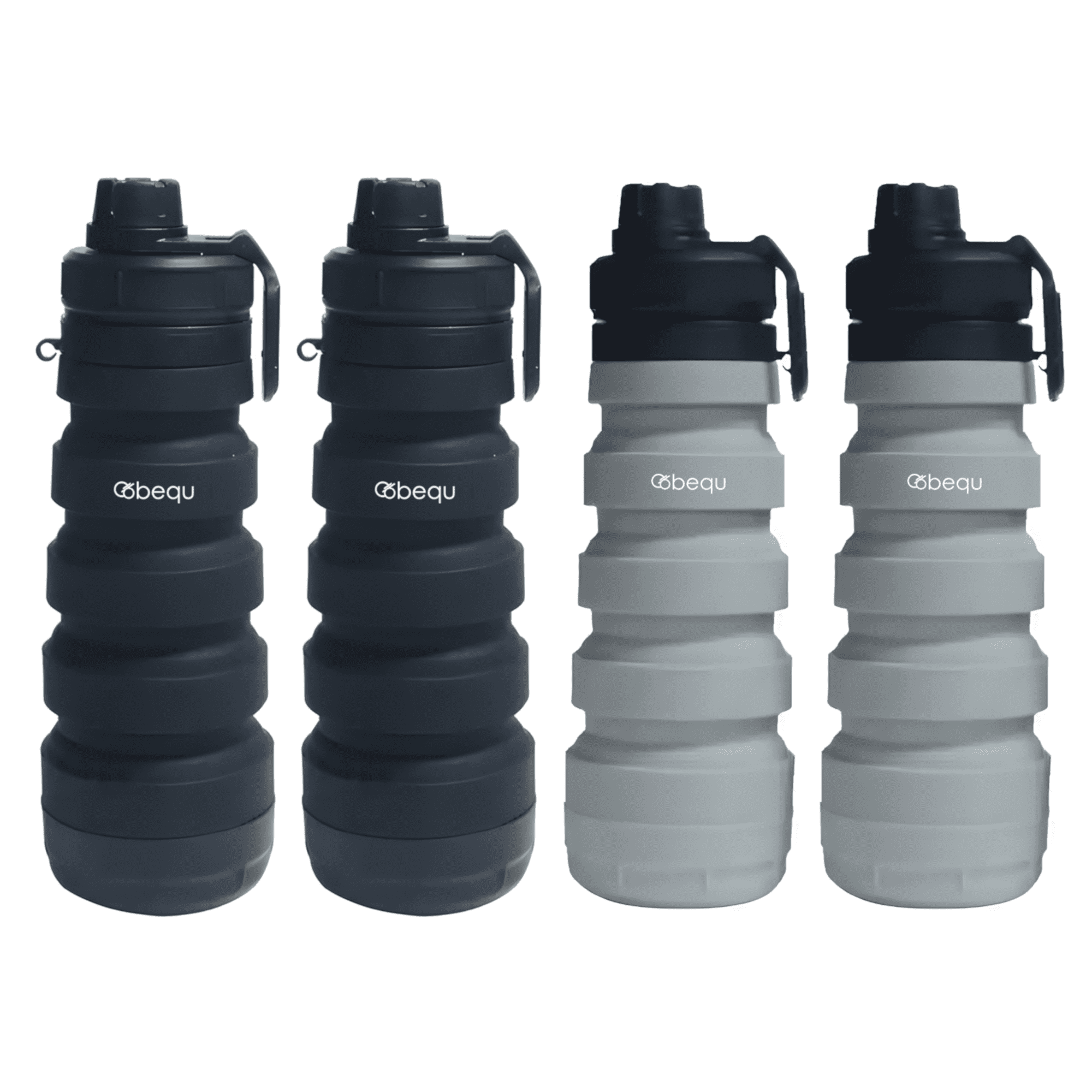 BEQU 750ml/25 Fl Oz Collapsible Silicone Water Bottle with Pills Storage Base, Reusable, BPA Free, Odorless, Dishwasher-Safe, Portable, Leak Proof for Sports Home Travel Office (4PK Black-Gray)