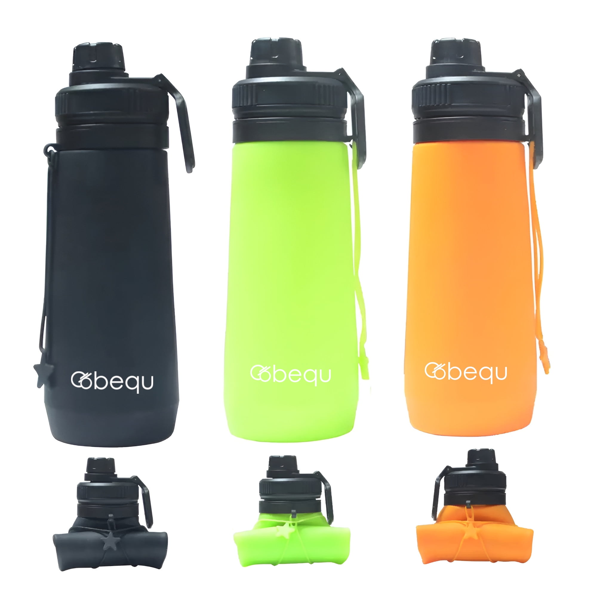 BEQU 750ml/25 Fl Oz Foldable Silicone Water Bottle, Reusable, BPA Free, Dishwasher-Safe, Sports bottle for Travel Gym Camping Hiking, Portable, Leak Proof (3PK MC2)