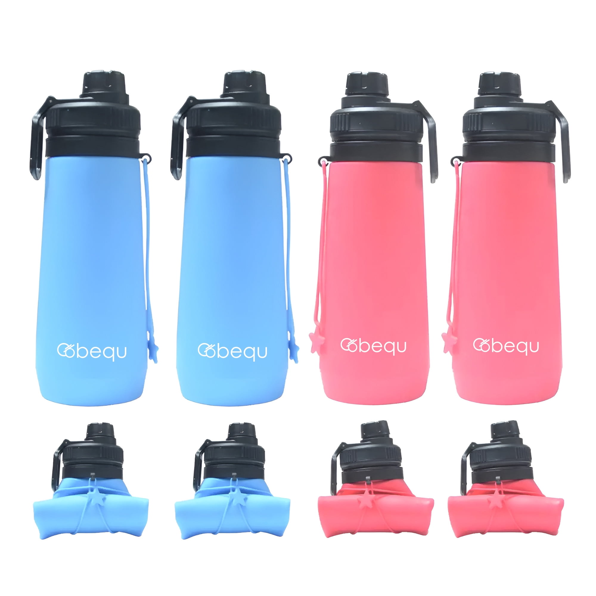BEQU 750ml/25 Fl Oz Foldable Silicone Water Bottle, Reusable, BPA Free, Dishwasher-Safe, Sports bottle for Travel Gym Camping Hiking, Portable, Leak Proof (4PK MC3)