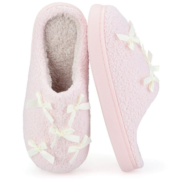 BERANMEY Bow Slippers for Women with Memory Foam Cute Plush House Slippers Non-Slip Indoor Outdoor Cozy Warm Fuzzy Slippers with Adorable Bows for Women & Girls