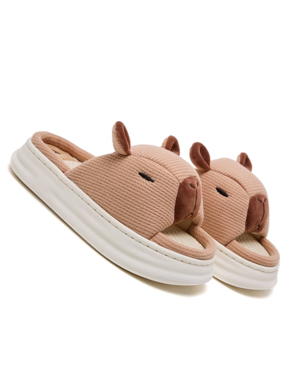 Capibara Linen Slippers for Women Soft Plush Non-Slip Indoor Womens Slides Slippers Cute Cartoon Animal Fuzzy House Slippers Comfy for Women & Men Warm Couple Design