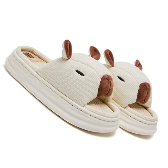 BERANMEY Capibara Linen Slippers for Women Soft Plush Non-Slip Indoor Womens Slides Slippers Cute Cartoon Animal Fuzzy House Slippers Comfy for Women & Men Warm Couple Design