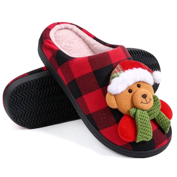 BERANMEY Christmas Slippers for Women and Men Black Red Plaid Santa Claus Pattern House Slippers with Plush Lining & Thick Sole Festive His & Hers Indoor Home Shoes