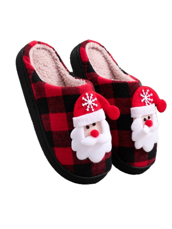 Christmas Slippers for Women and Men Black Red Plaid Santa Claus Pattern House Slippers with Plush Lining & Thick Sole Festive His & Hers Indoor Home Shoes