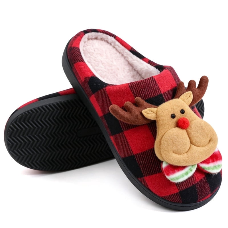 BERANMEY Christmas Slippers for Women and Men Black Red Plaid Santa ...