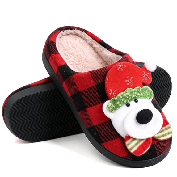 BERANMEY Christmas Slippers for Women and Men Black Red Plaid Santa Claus Pattern House Slippers with Plush Lining & Thick Sole Festive His & Hers Indoor Home Shoes