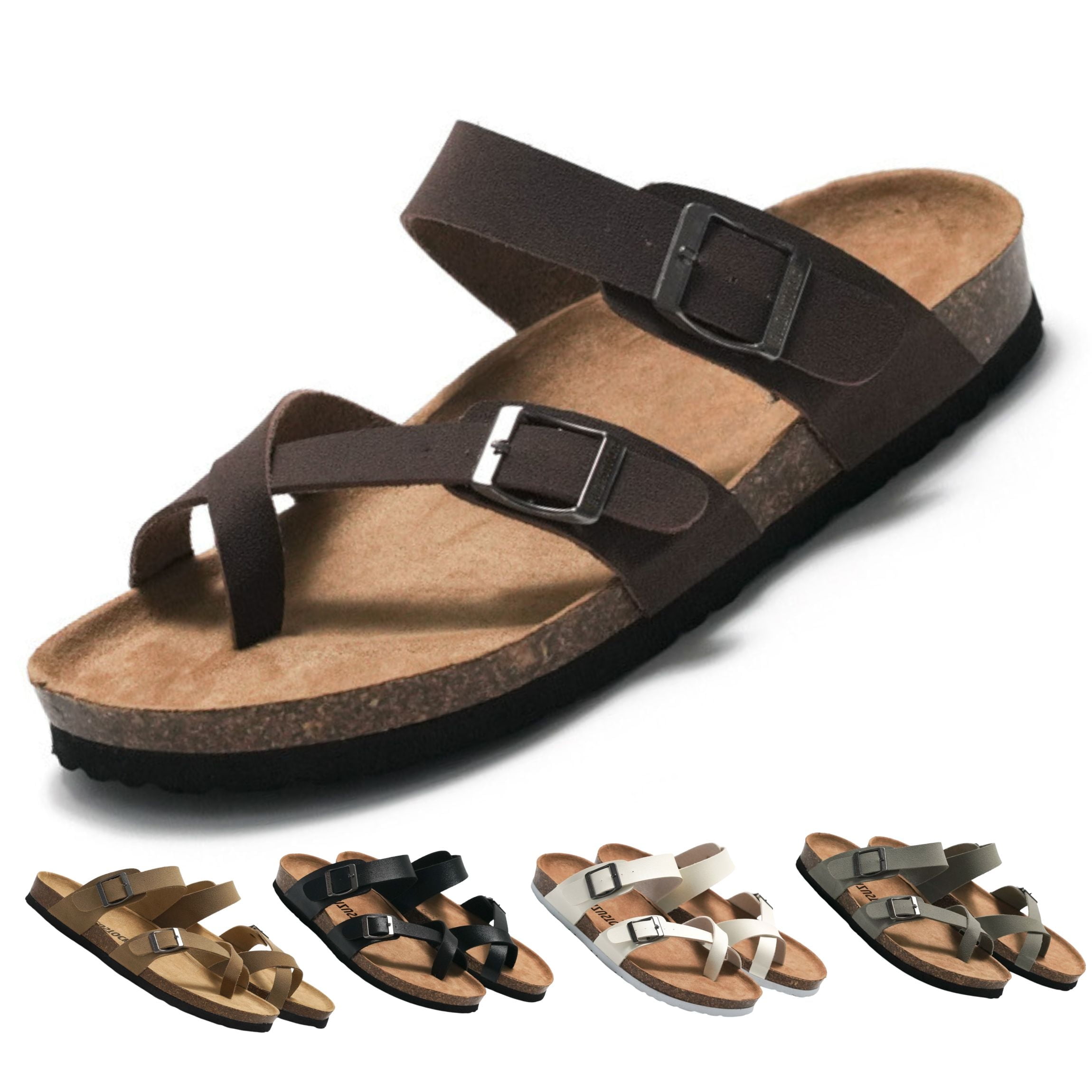 Roxoni Women s Comfort Flat Sandals Double Buckle Adjustable Straps Flat Slides Footbed Suede