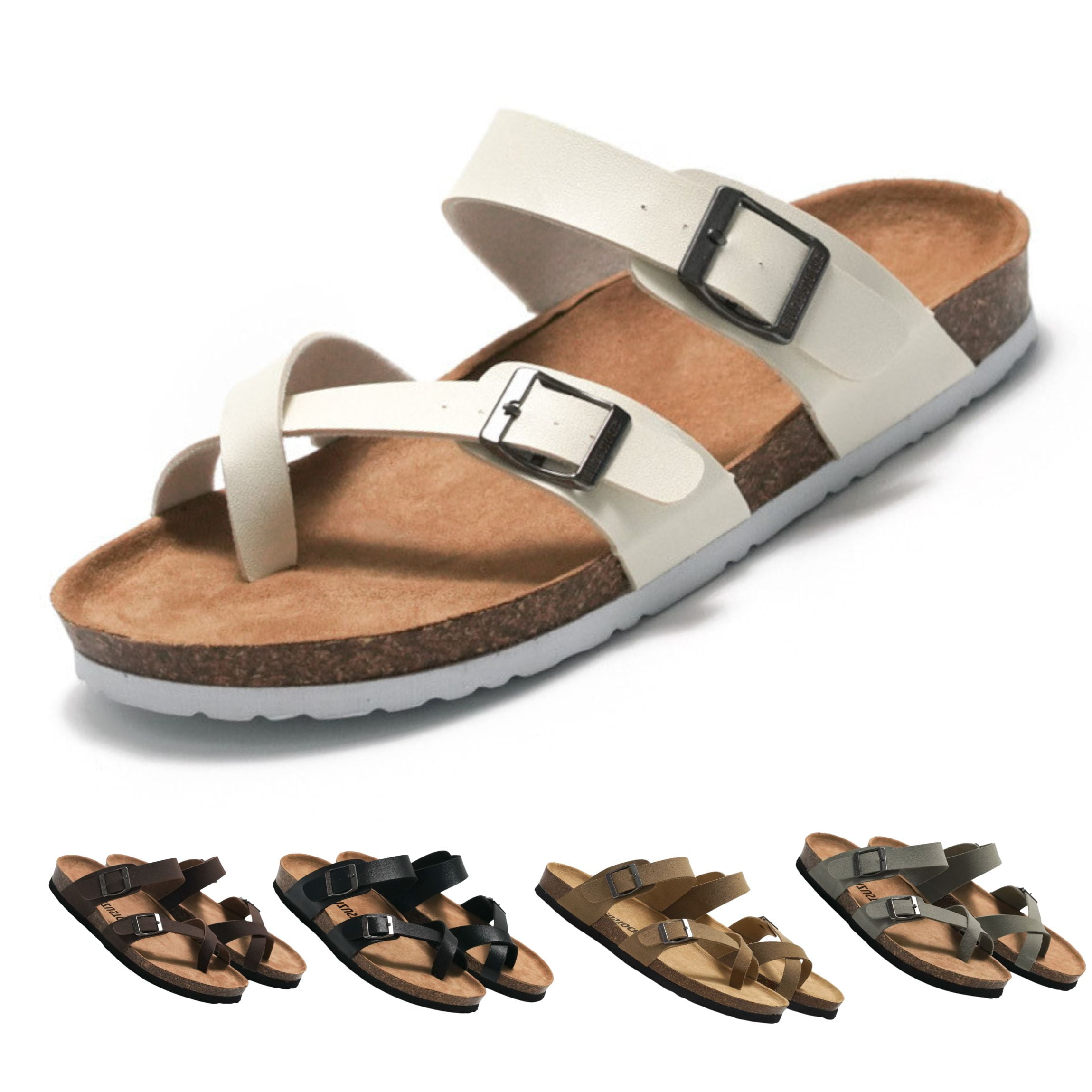BERANMEY Cork Footbed Sandals for Women With Comfort Flat Slide Sandals ...