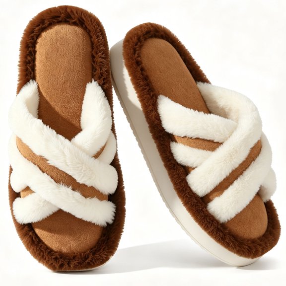 BERANMEY Cozy Open Toe Slippers for Womens Fuzzy Flat Womens Slippers Slip-On Lightweight Comfortable House Slippers for Women Anti-slip Sole for Bedroom Indoor