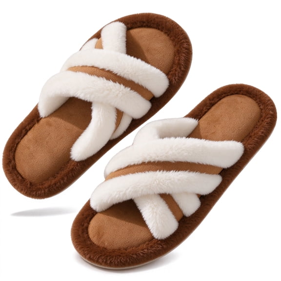 BERANMEY Cozy Open Toe Slippers for Womens Fuzzy Flat Womens Slippers Slip-On Lightweight Comfortable House Slippers for Women Anti-slip Sole for Bedroom Indoor