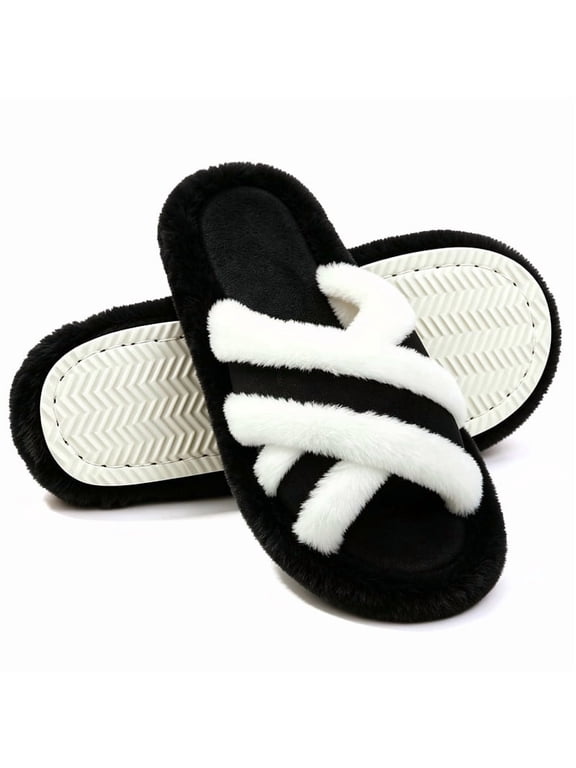 Cozy Open Toe Slippers for Womens Fuzzy Flat Womens Slippers Slip-On Lightweight Comfortable House Slippers for Women Anti-slip Sole for Bedroom Indoor