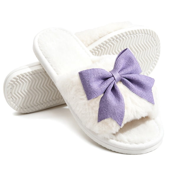 BERANMEY Cute Bow Open Toe Slippers For Womens Plush Womens Slippers Soft Warm Cozy House Slippers Anti-Slip Thick Sole Slides Indoor/Outdoor Bedroom Home Shoes