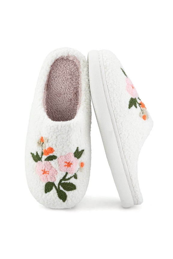Cute Cartoon Flower Slippers for Women Soft Plush Comfy Warm Slip-On Couple Slippers fo Women Indoor Fluffy House Slippers for Women and Men Non-slip Fuzzy Flat Slides