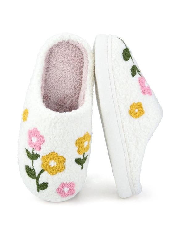 Cute Flower Print Slippers for Women Soft Plush Comfy Warm Slip-On Couple Womens Slippers Indoor Fluffy House Slippers for Womens Non-slip Fuzzy Flat Slides