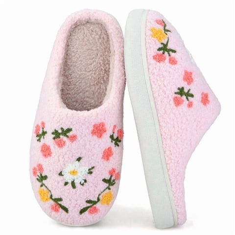 BERANMEY Cute Flower Print Slippers for Women Soft Plush Comfy Warm Slip-On Couple Womens Slippers Indoor Fluffy House Slippers for Womens Non-slip Fuzzy Flat Slides