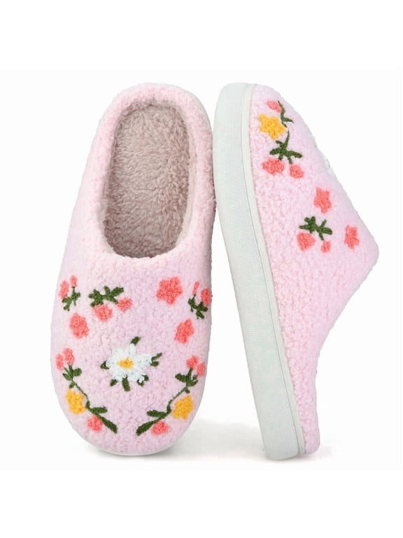 Cute Flower Print Slippers for Women Soft Plush Comfy Warm Slip-On Couple Womens Slippers Indoor Fluffy House Slippers for Womens Non-slip Fuzzy Flat Slides