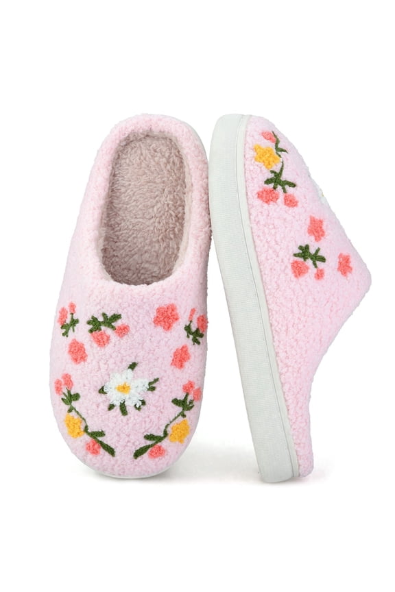 Cute Flower Print Slippers for Women Soft Plush Comfy Warm Slip-On Couple Womens Slippers Indoor Fluffy House Slippers for Womens Non-slip Fuzzy Flat Slides