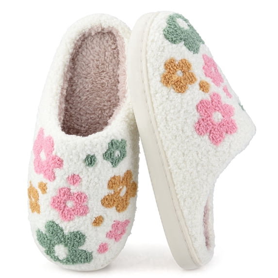 BERANMEY Cute Flower Print Slippers for Women Soft Plush Comfy Warm Slip-On Couple Womens Slippers Indoor Fluffy House Slippers for Womens Non-slip Fuzzy Flat Slides