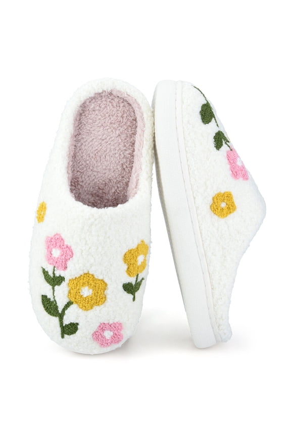 Cute Cartoon Flower Slippers for Women Soft Plush Comfy Warm Slip-On Couple Slippers fo Women Indoor Fluffy House Slippers for Women and Men Non-slip Fuzzy Flat Slides