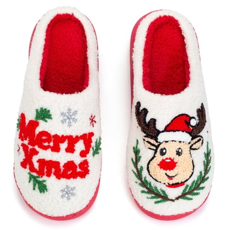 BERANMEY Cute Christmas Slippers for Women & Men Plush Fuzzy Holiday House Slippers Warm Cozy Family Matching Slippers Non-Slip Sole Great Christmas Gift