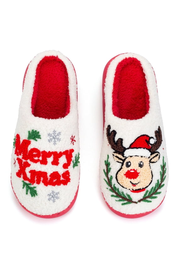 Cute Christmas Slippers for Women & Men Plush Fuzzy Holiday House Slippers Warm Cozy Family Matching Slippers Non-Slip Sole Great Christmas Gift