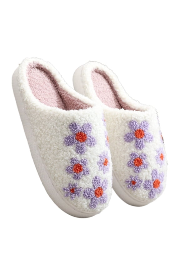 Cute Flower Print Slippers for Women Soft Plush Comfy Warm Slip-On Couple Womens Slippers Indoor Fluffy House Slippers for Womens Non-slip Fuzzy Flat Slides