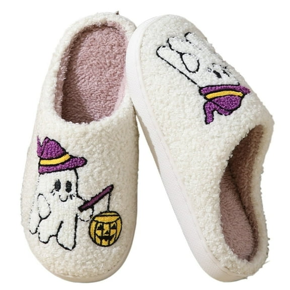 BERANMEY Cute Ghost Print Soft Plush Halloween Slippers for Women and Men Comfy Family Slippers Warm House Slippers for Women Slip-On Halloween Women Slippers