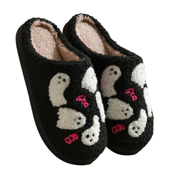 BERANMEY Cute Ghost Print Soft Plush Halloween Slippers for Women and Men Comfy Family Slippers Warm House Slippers for Women Slip-On Halloween Women Slippers