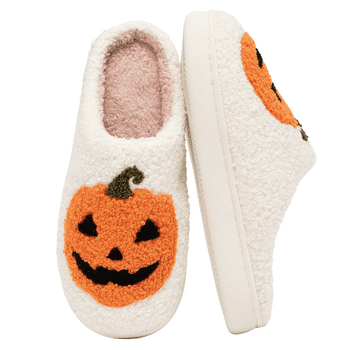 BERANMEY Cute Halloween Slippers for Women Perfect Soft Plush Comfy Warm Slip-On Halloween Pumpkin Slippers fo Women Indoor Fluffy House Slippers for Women and Men Non-slip Fuzzy Flat Slides