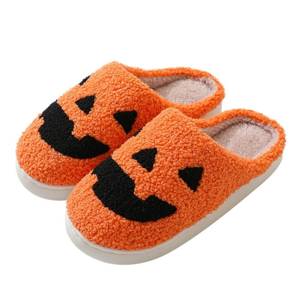 BERANMEY Cute Halloween Slippers for Women Perfect Soft Plush Comfy Warm Slip-On Halloween Pumpkin Slippers fo Women Indoor Fluffy House Slippers for Women and Men Non-slip Fuzzy Flat Slides