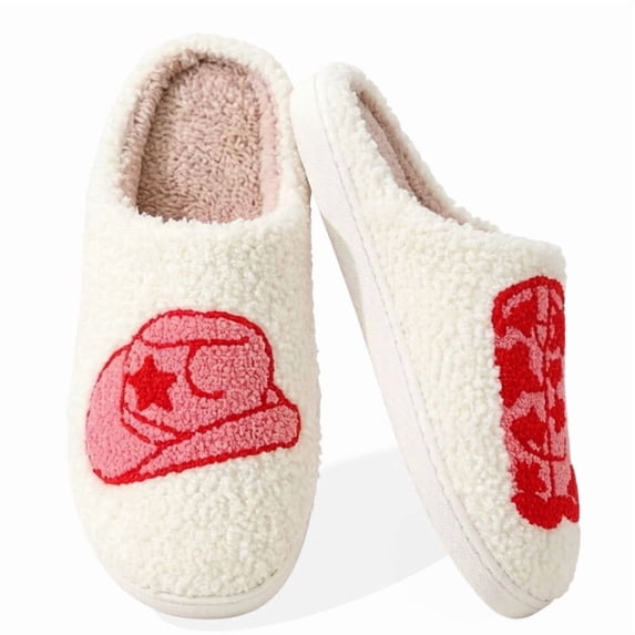 BERANMEY Cute Smile Cowboy Slippers for Women Perfect Soft Plush Comfy Warm Slip-On Western Boots Slippers fo Women Indoor Fluffy House Slippers for Women and Men Non-slip Fuzzy Flat Slides