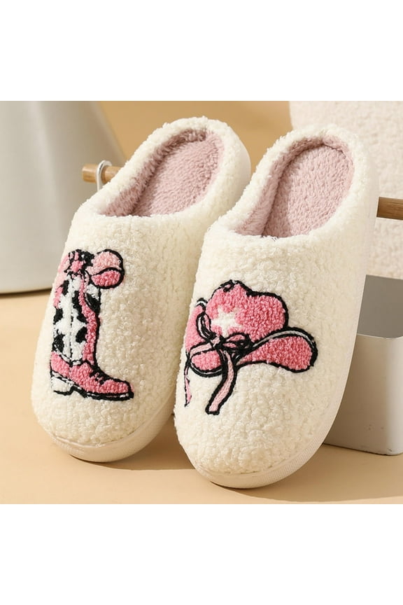 Cute Smile Cowboy Slippers for Women Perfect Soft Plush Comfy Warm Slip-On Western Boots Slippers fo Women Indoor Fluffy House Slippers for Women and Men Non-slip Fuzzy Flat Slides