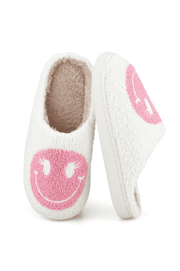 Cute Smile Face Slippers for Women Perfect Soft Plush Comfy Warm Slip-On Happy Face Slippers fo Women Indoor fluffy Smile House Slippers for Women and Men Non-slip Fuzzy Flat Slides