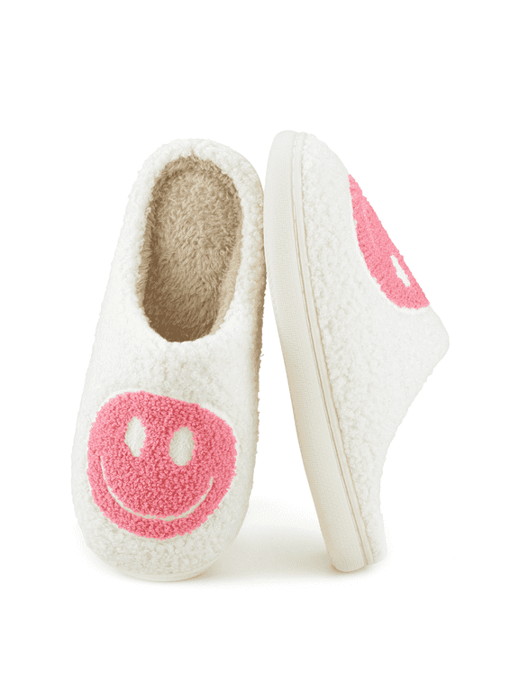 Cute Smile Face Slippers for Women Perfect Soft Plush Comfy Warm Slip-On Happy Face Slippers fo Women Indoor fluffy Smile House Slippers for Women and Men Non-slip Fuzzy Flat Slides