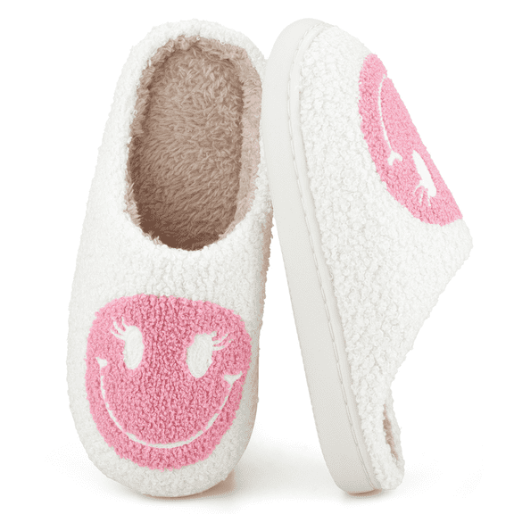 BERANMEY Cute Smile Face Slippers for Women Perfect Soft Plush Comfy Warm Slip-On Happy Face Slippers fo Women Indoor fluffy Smile House Slippers for Women and Men Non-slip Fuzzy Flat Slides