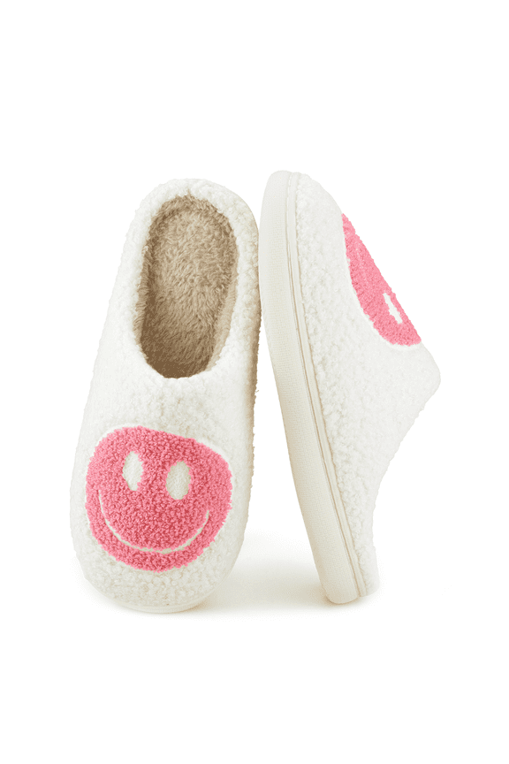 Cute Smile Face Slippers for Women Perfect Soft Plush Comfy Warm Slip-On Happy Face Slippers fo Women Indoor fluffy Smile House Slippers for Women and Men Non-slip Fuzzy Flat Slides