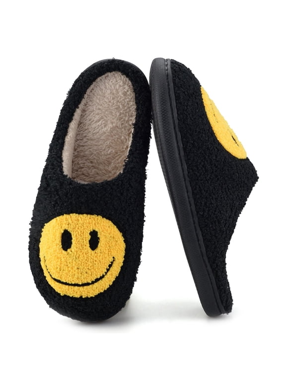 Cute Smile Face Slippers for Women Perfect Soft Plush Comfy Warm Slip-On Happy Face Slippers fo Women Indoor fluffy Smile House Slippers for Women and Men Non-slip Fuzzy Flat Slides